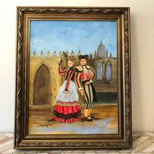 Signed Painting Spanish Flamenco Dancer & Bull Fighter Gold Tone Frame OOAK